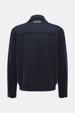 Rückansicht des Brioni Cashmere Blouson navy aus reinem Cashmere mit Lammleder-Details, Slim Fit, Umlegekragen und elastischen Saumbündchen.