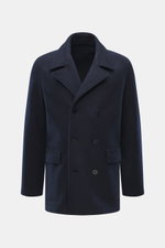 Lunaria Cashmere Cashmere Jacket navy shown from the front, double-breasted three-button style, notch collar, flap pockets, slim fit, pure cashmere, very soft feel.