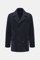 Lunaria Cashmere Cashmere Jacket navy shown from the front, double-breasted three-button style, notch collar, flap pockets, slim fit, pure cashmere, very soft feel.