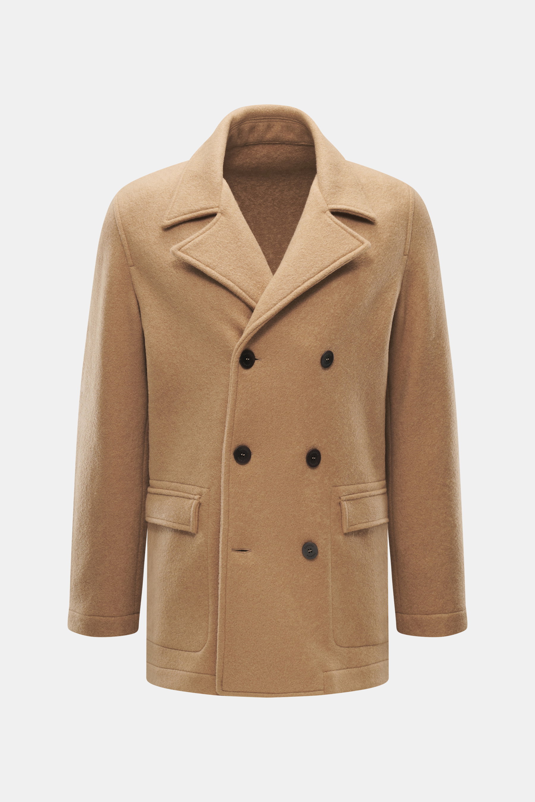 Lunaria Cashmere Cashmere Jacke beige, Slim Fit, zweireihig mit Reverskragen, Fronttaschen, aus reiner, weicher Cashmere, von vorne fotografiert.