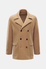 Front view of the Lunaria Cashmere Cashmere Jacket beige, a slim fit, lightweight, double-breasted three-button coat with notch collar, flap pockets, rear vents, unlined, and one inside pocket, showcasing timeless elegance and pure cashmere softness.