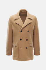 Front view of the Lunaria Cashmere Cashmere Jacket beige, a slim fit, lightweight, double-breasted three-button coat with notch collar, flap pockets, rear vents, unlined, and one inside pocket, showcasing timeless elegance and pure cashmere softness.