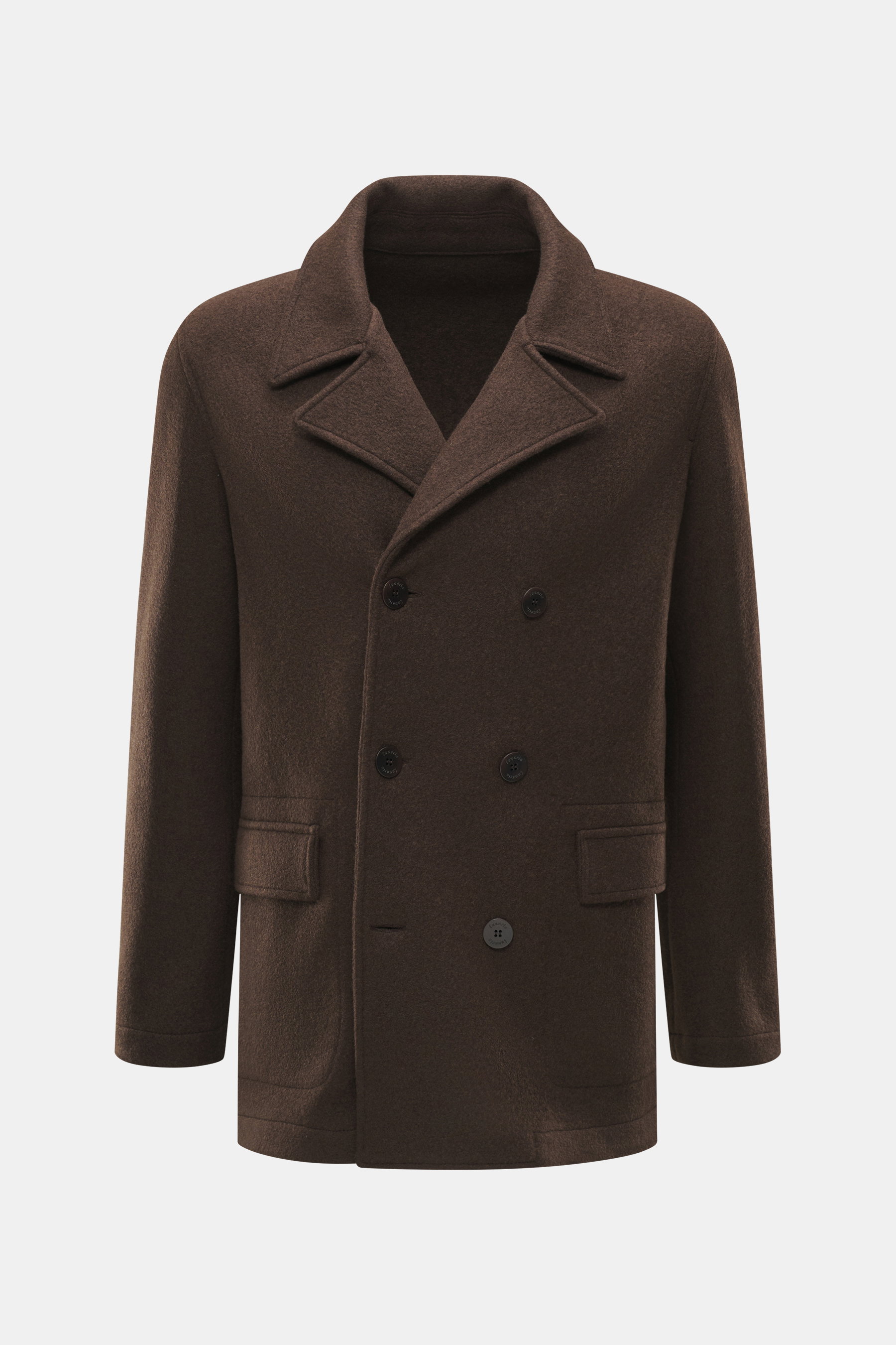 Lunaria Cashmere Cashmere Jacke dunkelbraun, frontale Nahaufnahme, zweireihig mit Reverskragen, Slim Fit, reine, weiche, ungefütterte Qualität, Fronttaschen mit Patte.