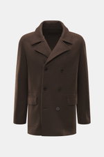 Front view of the Lunaria Cashmere Cashmere Jacket Dark Brown, a slim fit, double-breasted three-button jacket with notch collar and flap pockets.