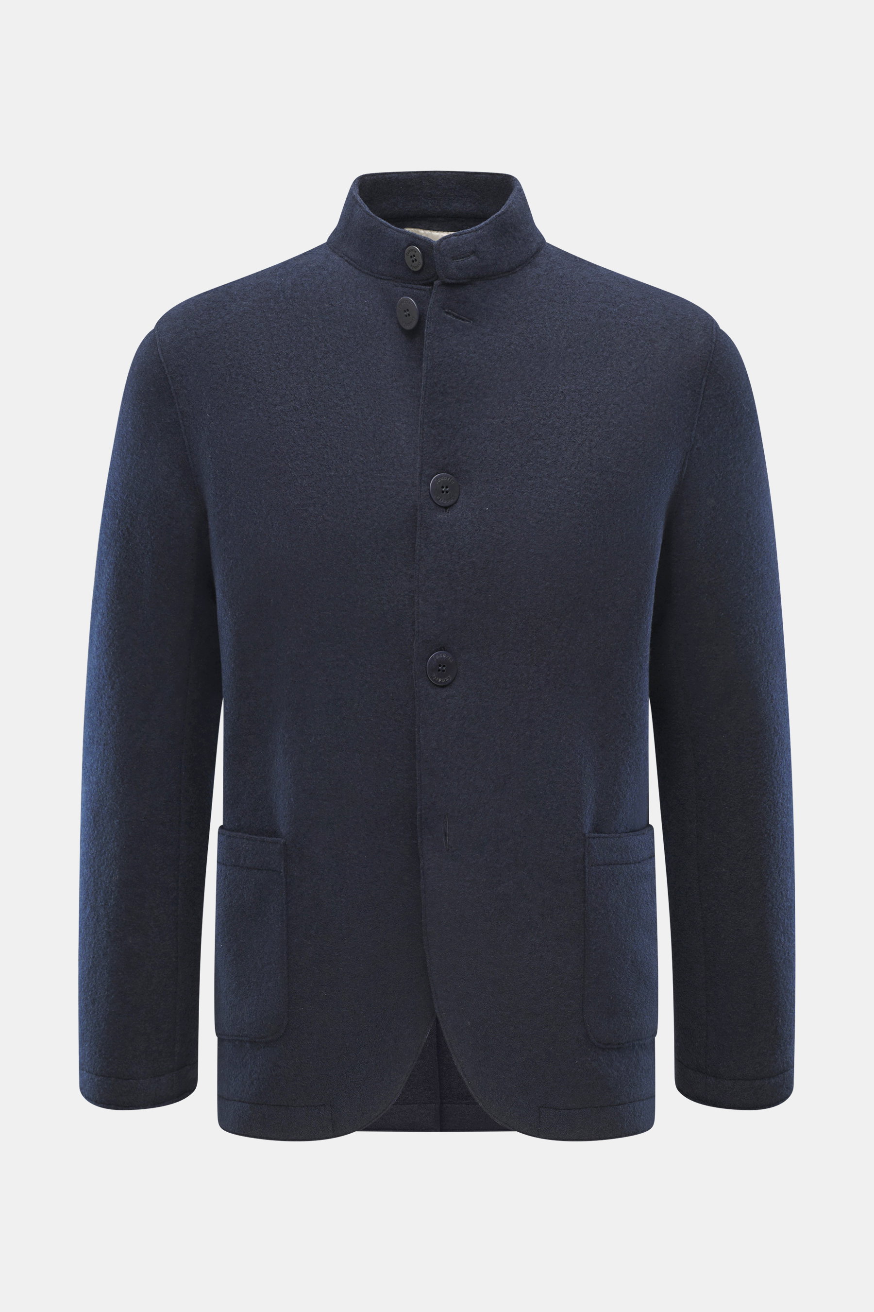Lunaria Cashmere Cashmere Jacke navy, Frontansicht, Slim Fit, Stehkragen, Vier-Knopf-Stil, aufgesetzte Taschen, ungefüttert, reiner Cashmere, weich.