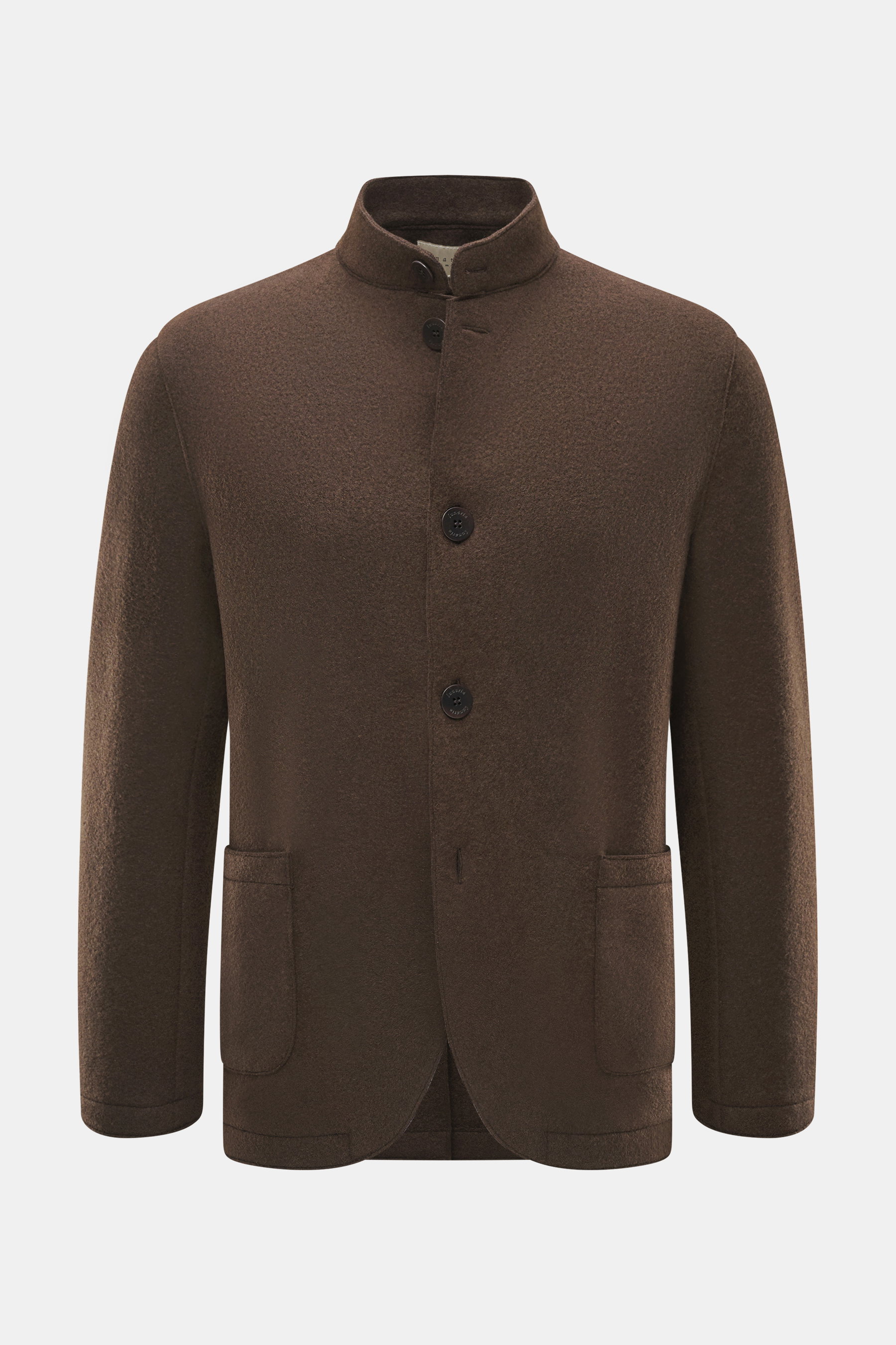 Lunaria Cashmere Cashmere Jacke dunkelbraun, Slim Fit, ungefüttert, mit Reverskragen, Vier-Knopf-Stil und aufgesetzten Fronttaschen, frontal fotografiert.