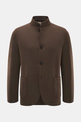 Front view of Lunaria Cashmere Cashmere jacket dark brown, unlined slim fit with four-button style, notched collar, patch front and inside pockets, center back vent, pure cashmere, very soft feel, reduced elegance, finest wearing comfort.