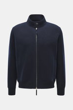 Front view of Lunaria Cashmere Cashmere Blouson navy, pure cashmere, very soft touch, slim fit, two-way zipper, stand-up collar, slanted front pockets, elastic hem and sleeve cuffs, unlined.