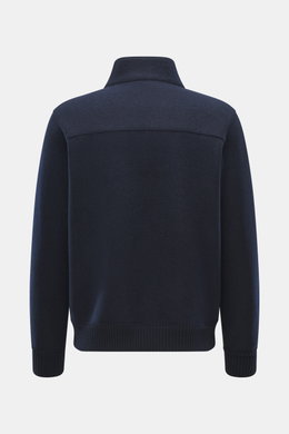 Back view of Lunaria Cashmere Cashmere Blouson navy, pure cashmere, very soft touch, slim fit, two-way zipper, stand-up collar, slanted front pockets, elastic hem and sleeve cuffs, unlined.
