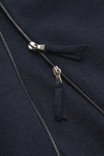 Close-up front view of the Lunaria Cashmere Cashmere Blouson navy showing pure cashmere fabric, very soft touch, slim fit, two-way zipper, stand-up collar, slanted front pockets, elastic hem and sleeve cuffs, unlined.