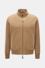 Front view of Lunaria Cashmere Cashmere Blouson beige, pure cashmere, very soft touch, slim fit, two-way zipper, stand-up collar, slanted front pockets, elastic hem and sleeve cuffs, unlined.