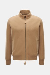 Front view of Lunaria Cashmere Cashmere Blouson beige, pure cashmere, very soft touch, slim fit, two-way zipper, stand-up collar, slanted front pockets, elastic hem and sleeve cuffs, unlined.