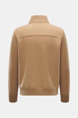 Back view of Lunaria Cashmere Cashmere Blouson beige, photographed from behind, slim fit with pure cashmere, very soft touch, two-way zipper, stand-up collar, slanted front pockets, elastic hem and sleeve cuffs, unlined.