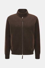Vorderansicht des Lunaria Cashmere Cashmere Blouson dunkelbraun, reiner Cashmere, Slim Fit, sehr weicher Griff, Stehkragen, Zwei-Wege-Reißverschluss, schräge Fronttaschen, elastische Saum- und Ärmelbündchen, ungefüttert.
