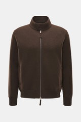 Vorderansicht des Lunaria Cashmere Cashmere Blouson dunkelbraun, reiner Cashmere, Slim Fit, sehr weicher Griff, Stehkragen, Zwei-Wege-Reißverschluss, schräge Fronttaschen, elastische Saum- und Ärmelbündchen, ungefüttert.