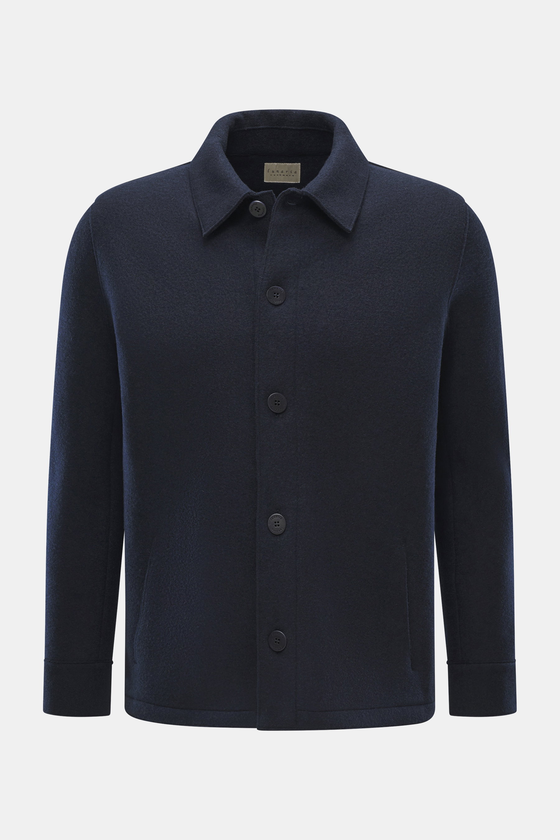 Vorderansicht der Lunaria Cashmere Cashmere Jacke navy, Slim Fit, reiner Cashmere, sehr weicher Griff, Fünf-Knopf-Stil, Umlegekragen, schräge Fronttaschen, ungefüttert.
