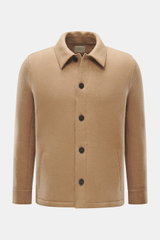 Front view of Lunaria Cashmere Cashmere jacket beige, pure cashmere, very soft touch, slim fit, five-button style, notched collar, slanted front pockets, unlined.