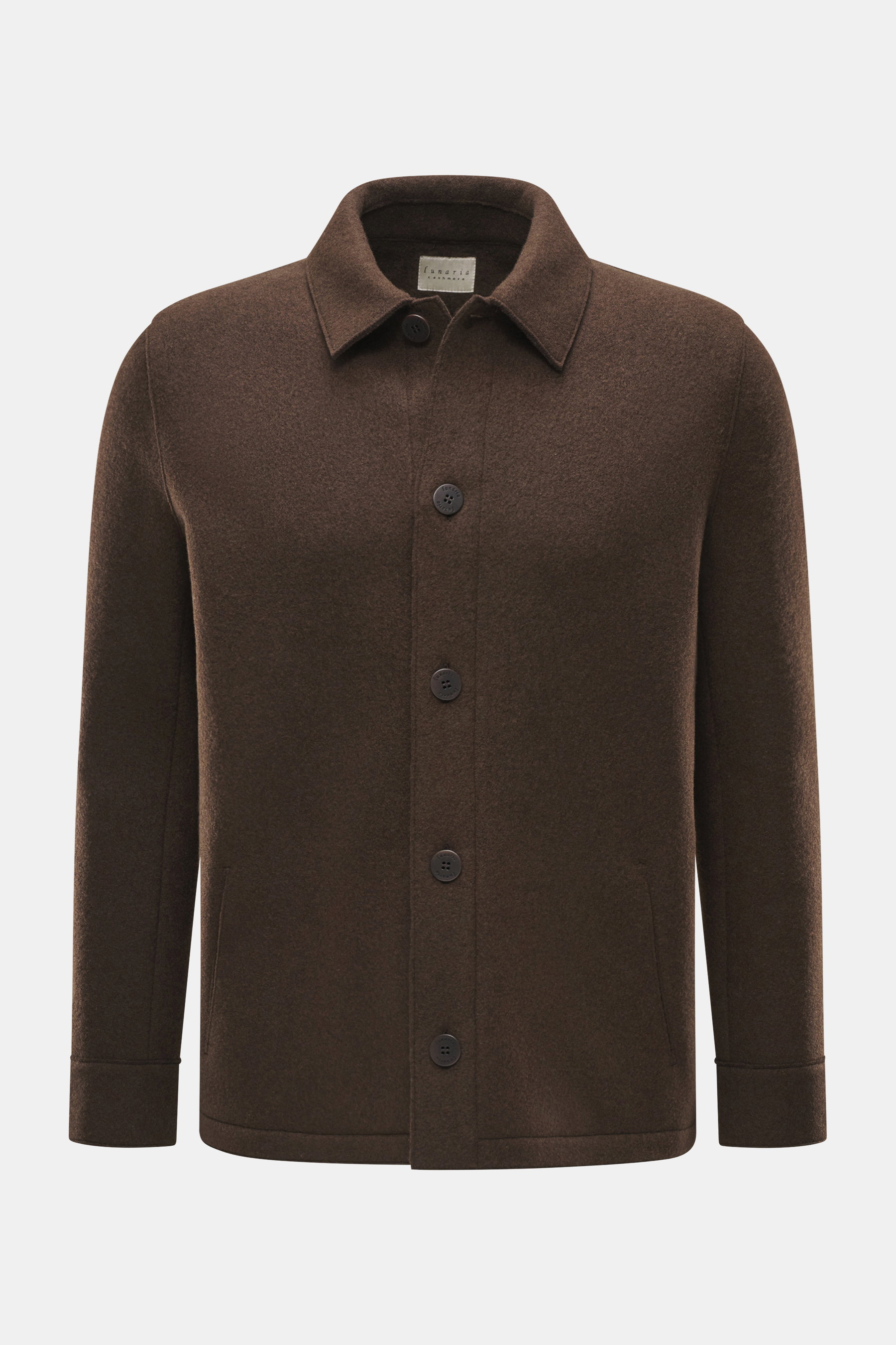 Lunaria Cashmere Jacke dunkelbraun, Slim Fit, reiner Cashmere, sehr weicher Griff, Fünf-Knopf-Stil, Umlegekragen, schräge Fronttaschen, ungefüttert, Frontalansicht.
