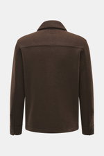 Back view of Lunaria Cashmere Cashmere Jacket dark brown showing pure cashmere, very soft touch, slim fit, five-button style, notched collar, slanted front pockets, unlined.