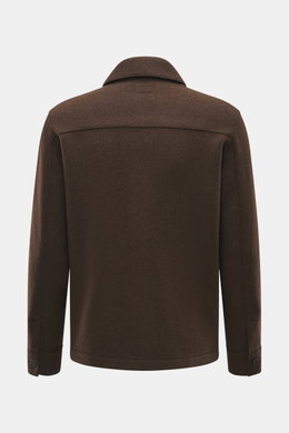 Back view of Lunaria Cashmere Cashmere Jacket dark brown showing pure cashmere, very soft touch, slim fit, five-button style, notched collar, slanted front pockets, unlined.