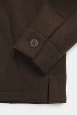 Close-up front view of the Lunaria Cashmere Cashmere Jacket dark brown showing pure cashmere, very soft touch, slim fit, five-button style, notched collar, slanted front pockets, unlined.