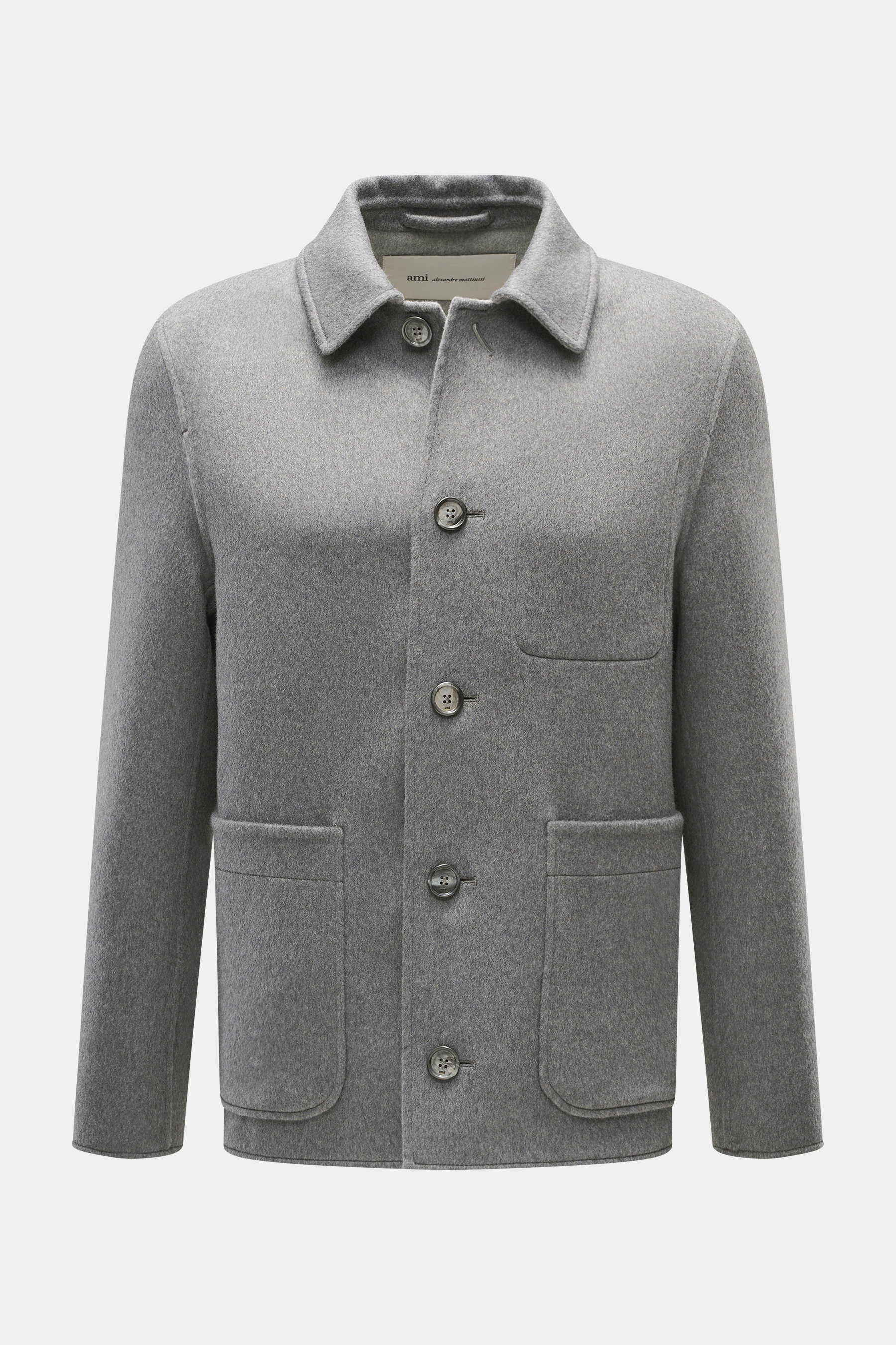Front view of Ami Paris Grey Jacket in soft wool and cashmere blend with slim fit, five buttons, turn-down collar, patch hip pockets, and buttoned cuffs.

Description:
<p>Stylish through the transitional season: This jacket by AMI PARIS convinces with a c
