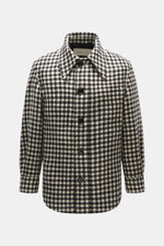 Ami Paris Wolljacke schwarz/creme kariert, Mix aus Schurwolle und Microfaser, Regular Fit, Hahnentritt-Muster, fotografiert von vorne mit Umlegekragen, Manschetten und fünf Knöpfen.