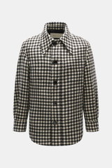 Ami Paris Wolljacke schwarz/creme kariert, Mix aus Schurwolle und Microfaser, Regular Fit, Hahnentritt-Muster, fotografiert von vorne mit Umlegekragen, Manschetten und fünf Knöpfen.