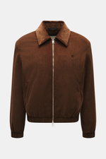 Ami Paris Cord-Blouson braun, Frontansicht, Cord aus Baumwolle, weicher Griff, Unisex, Regular Fit, Zwei-Wege-Reißverschluss, Umlegekragen, schräge Fronttaschen, tonales Logo-Stitching, elastische Saumabschlüsse, softes Twill-Futter, zwei Innentaschen.
