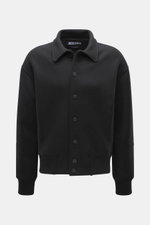 Front view of Jacquemus Blouson black jacket made of pure new wool with a soft touch, oversized fit, turn-down collar, smooth button placket, piped front pockets, and elastic hem and sleeve cuffs.