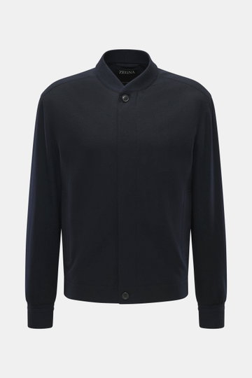 Back view of Zegna Cashmere blouson navy, showcasing soft pure cashmere with rib knit collar, elastic cuffs, and leather back detail.

Description: <p>Comfort and style for the autumn season: This blouson by ZEGNA is made of soft cashmere that has been sp