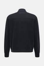 Front view of a Zegna Cashmere blouson navy in soft, water-repellent pure cashmere with rib knit collar, slim fit, and leather details.