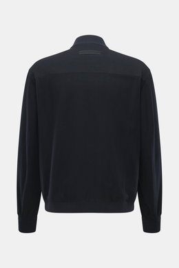 Front view of a Zegna Cashmere blouson navy in soft, water-repellent pure cashmere with rib knit collar, slim fit, and leather details.