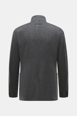 Zegna Cashmere Jacke grau meliert, rückwärtige Ansicht mit Stehkragen, Leder-Detail, Slim Fit, Vier-Knopf-Leiste, reiner Cashmere, weicher Griff.