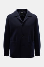 Front view of Zegna Jacket navy in wool and cashmere with slim fit, adjustable collar, four-button placket, patch hip pockets, sleeve cuffs with buttons, rear side vents, unconstructed design, and two inner pockets.

<p>The lightweight jacket by ZEGNA mad