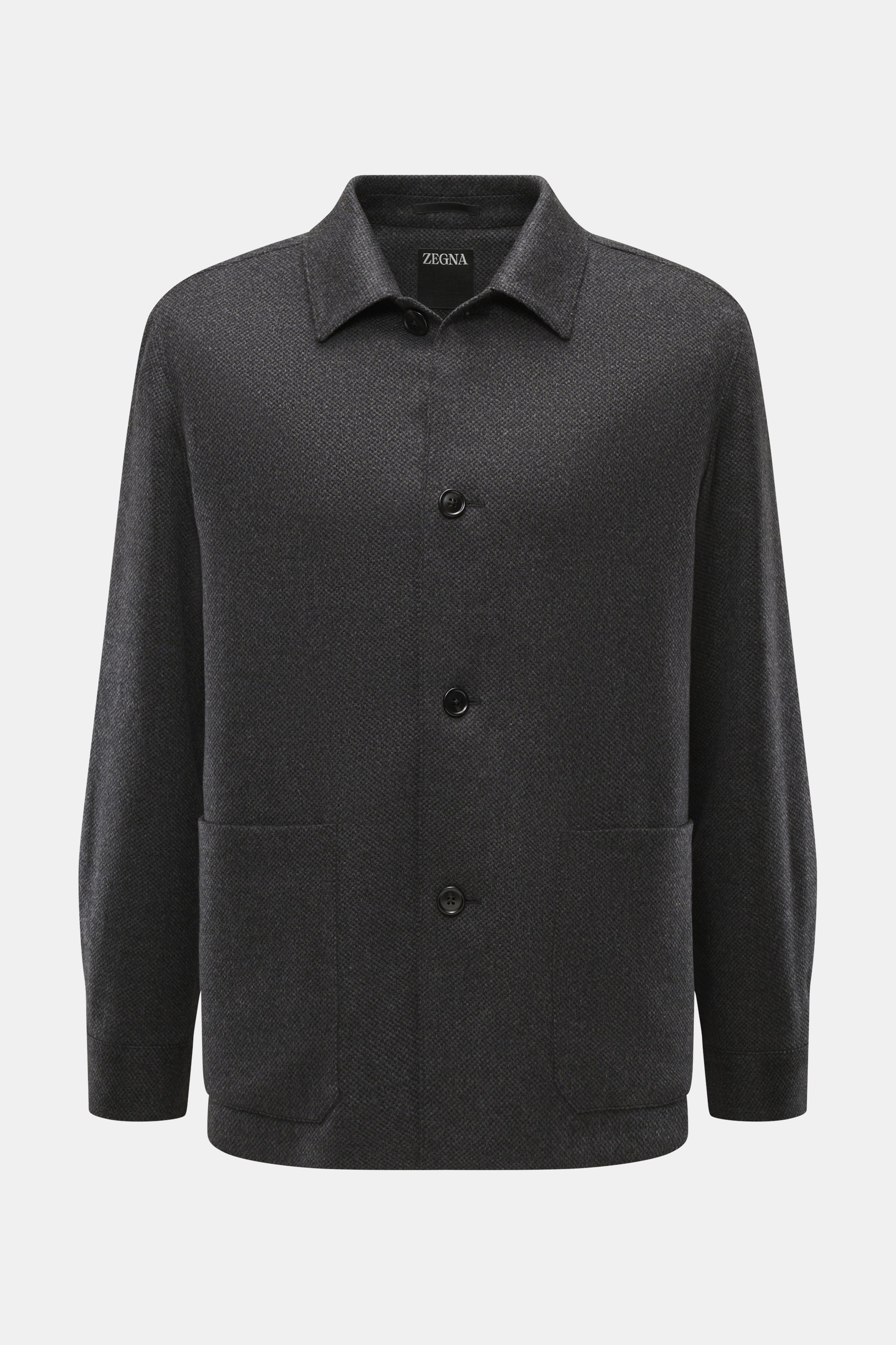 Zegna Cashmere jacket dark grey/black checkered front view, pure cashmere, soft touch, slim fit, four-button placket, turn-down collar, patch front pockets, sleeve cuffs with buttons, rear side vents, half lined, two inside pockets.