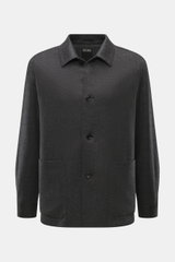 Zegna Cashmere jacket dark grey/black checkered front view, pure cashmere, soft touch, slim fit, four-button placket, turn-down collar, patch front pockets, sleeve cuffs with buttons, rear side vents, half lined, two inside pockets.