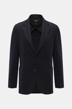 Zegna Cashmere Sakko navy, slim Fit, taillierter Zwei-Knopf-Stil, fallendes Revers, aufgesetzte Taschen, vorne fotografiert, reiner Cashmere, weicher Griff.
