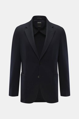 Zegna Cashmere Sakko navy, slim Fit, taillierter Zwei-Knopf-Stil, fallendes Revers, aufgesetzte Taschen, vorne fotografiert, reiner Cashmere, weicher Griff.