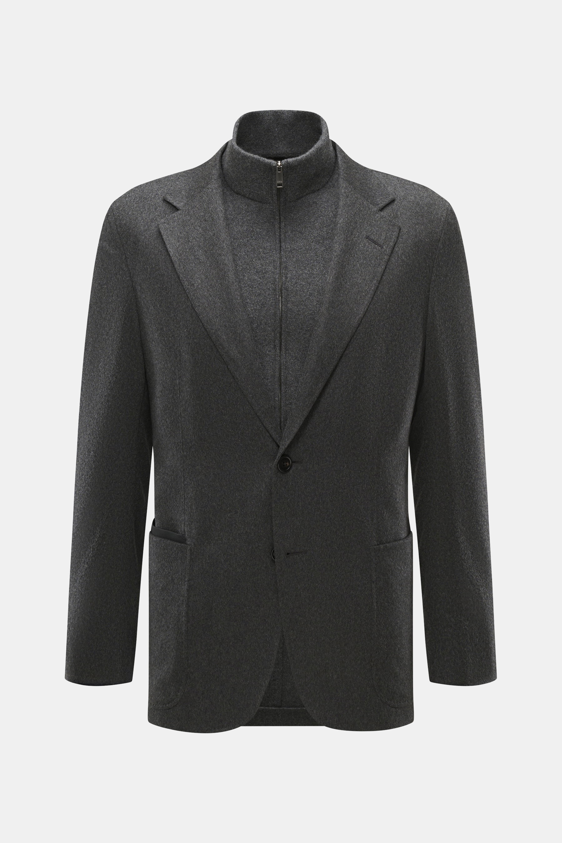 Zegna Cashmere Sakko dunkelgrau meliert, Slim Fit, tailliert, Zwei-Knopf-Stil, fallendes Revers, Double-Front, frontal fotografiert.