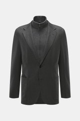 Zegna Cashmere Sakko dunkelgrau meliert, Slim Fit, tailliert, Zwei-Knopf-Stil, fallendes Revers, Double-Front, frontal fotografiert.
