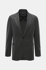 Zegna Cashmere Sakko dunkelgrau meliert, taillierter Zwei-Knopf-Stil mit fallendem Revers, Slim Fit, aufgesetzte Taschen, von vorne fotografiert.