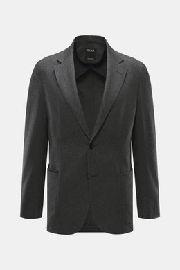 Zegna Cashmere Sakko dunkelgrau meliert, taillierter Zwei-Knopf-Stil mit fallendem Revers, Slim Fit, aufgesetzte Taschen, von vorne fotografiert.