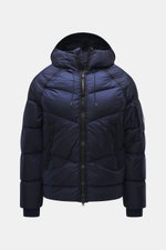 Front view of C.P. Company Down jacket dark blue featuring high-quality ripstop microfiber, lightly textured feel, wind- and water-repellent, warm down filling, garment dyed, slim fit, robust two-way zipper, practical hood, front zipper pockets, sleeve po