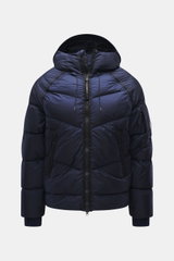 Front view of C.P. Company Down jacket dark blue featuring high-quality ripstop microfiber, lightly textured feel, wind- and water-repellent, warm down filling, garment dyed, slim fit, robust two-way zipper, practical hood, front zipper pockets, sleeve po