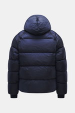 Back view of C.P. Company Down jacket dark blue, slim fit with high-quality ripstop microfiber, lightly textured, wind- and water-repellent.