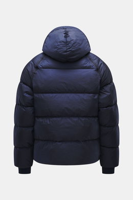 Back view of C.P. Company Down jacket dark blue, slim fit with high-quality ripstop microfiber, lightly textured, wind- and water-repellent.