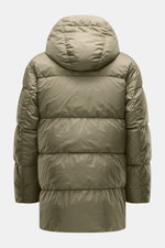 Back view of C.P. Company Down jacket olive, Slim Fit with ripstop quick-drying microfiber, slightly textured feel, warm down filling, garment dyed, durable two-way zipper, hood with drawstring, zippered front pockets, patch arm pocket with lens detail, e