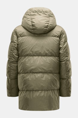 Back view of C.P. Company Down jacket olive, Slim Fit with ripstop quick-drying microfiber, slightly textured feel, warm down filling, garment dyed, durable two-way zipper, hood with drawstring, zippered front pockets, patch arm pocket with lens detail, e