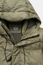 Close-up front top view of C.P. Company Down jacket olive, ripstop quick-drying microfiber, slightly textured, warm down filling, Slim Fit, garment dyed, durable two-way zipper, hood with drawstring, elastic sleeve cuffs.